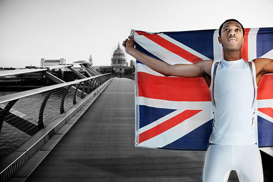 Olympic competitor on Millennium Bridge, London, England
