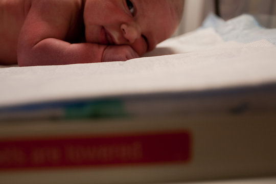 Newborn baby boy lying on his front