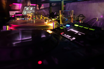 Professional dj equipment in night club