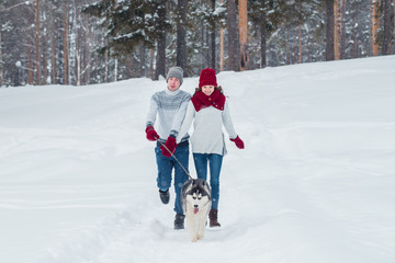 Fototapeta na wymiar Young couple with a Husky dog walking in winter park, man and woman playing and having fun with dog.