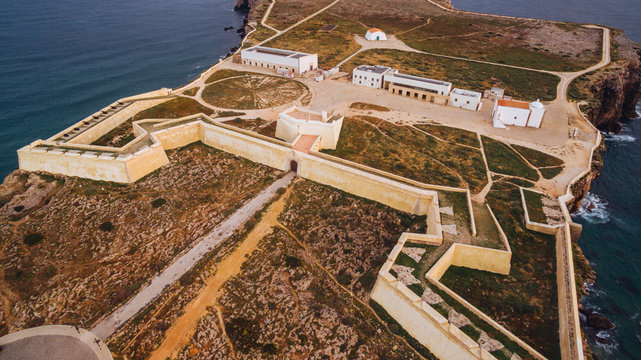 Aerial view of Sagres Fortress at evening aerial view, Portugal