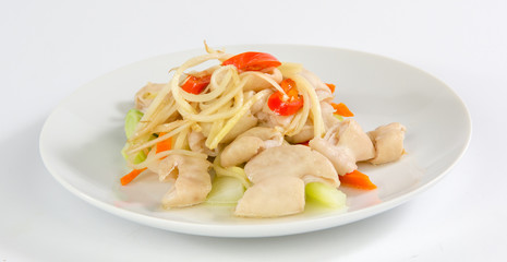 Boiled Pig intestine on white dish in asia