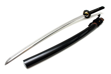 Japanese sword and scabbard on white background