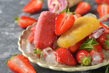 Frozen fruit ice with strawberries