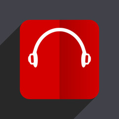 Headphones flat design white and red vector web icon on gray background with shadow in eps10.