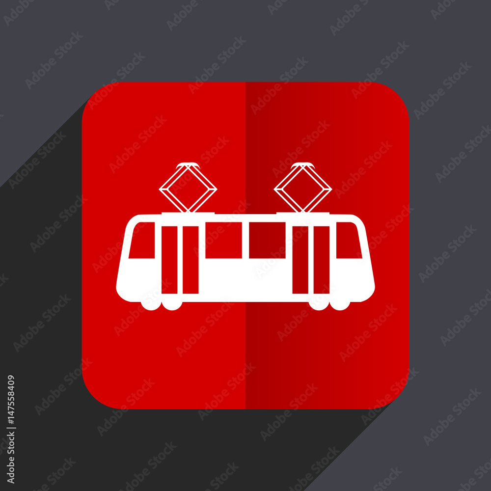 Poster Tram flat design white and red vector web icon on gray background with shadow in eps10.