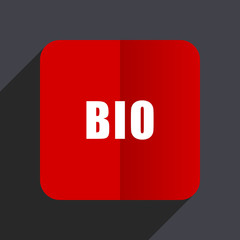 Bio flat design white and red vector web icon on gray background with shadow in eps10.