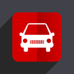 Car flat design white and red vector web icon on gray background with shadow in eps10.