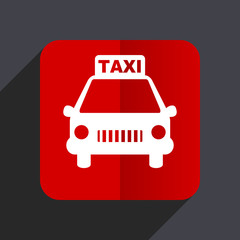 Taxi flat design white and red vector web icon on gray background with shadow in eps10.