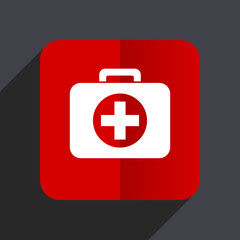 First aid flat design white and red vector web icon on gray background with shadow in eps10.