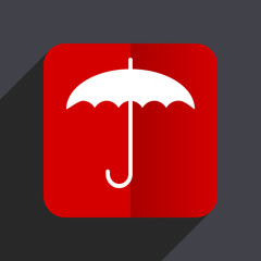 Umbrella flat design white and red vector web icon on gray background with shadow in eps10.