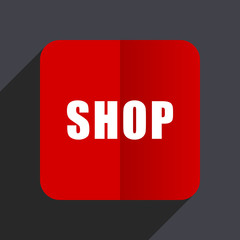 Shop flat design white and red vector web icon on gray background with shadow in eps10.