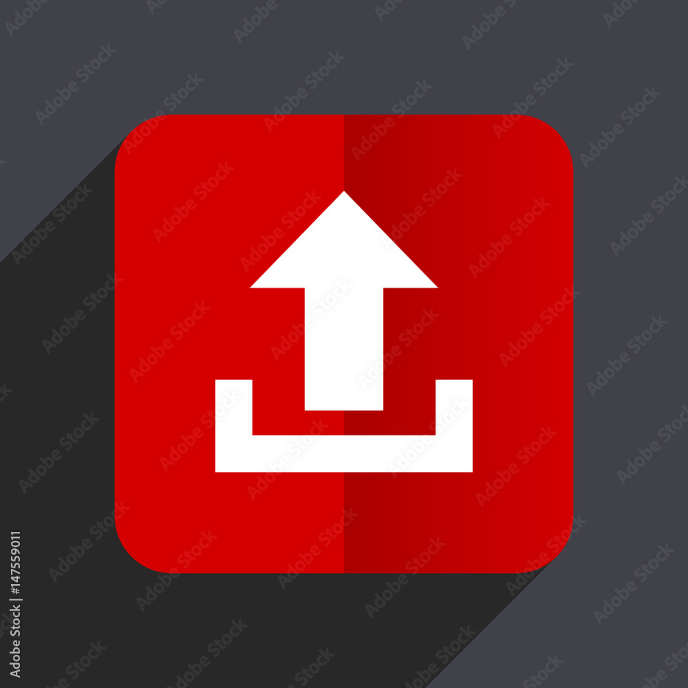 Poster upload flat design white and red vector web icon on gray background with shadow in eps10.