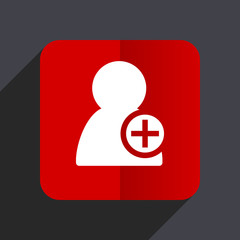 Add contact flat design white and red vector web icon on gray background with shadow in eps10.