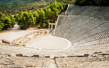 Famous Greek ancient empty amphitheater in Epidaurus, Greece