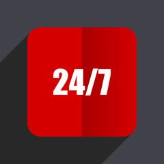 24/7 flat design white and red vector web icon on gray background with shadow in eps10.