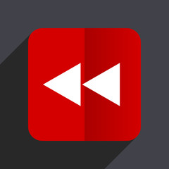 Rewind flat design white and red vector web icon on gray background with shadow in eps10.