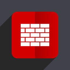 Firewall flat design white and red vector web icon on gray background with shadow in eps10.