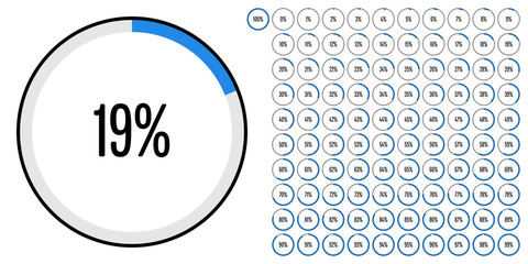 Set of circle percentage diagrams from 0 to 100 ready-to-use for web design, user interface (UI) or infographic - indicator with blue