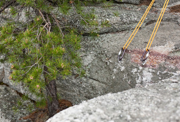 Climbing anchor and bolts on rock, New Paltz, New York, USA