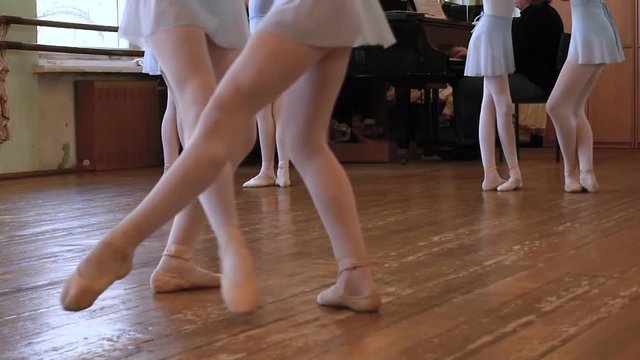 Legs of balerinas who do exercises in pairs during ballet lesson.