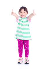 Little asian girl showing thumbs up over white background
