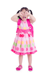 Little asian girl crying before going to school