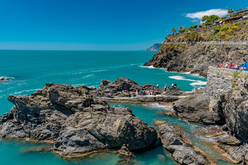 View of the colorful city of Manarola in the Gulf of Five Lands in Italy