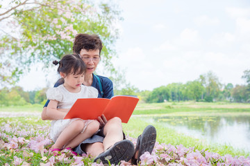 Asian grandmother reading book for her granddaughter in park