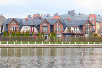 Scenic view of Kaliningrad. City landscape, the upper lake with beautiful houses.