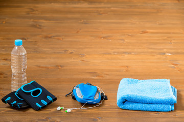 Objects for sports for men on the wooden floor