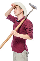 portrait of a tired haggard farmer with a hoe on a white background