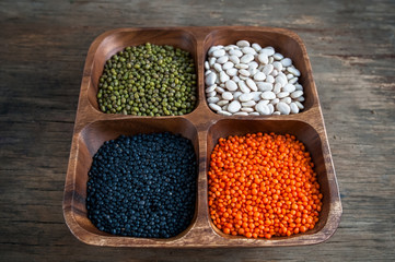 black quinoa, red lentils, mung bean, white bean 
