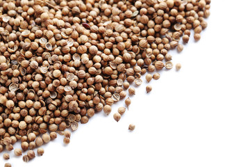 Coriander seeds on a white background