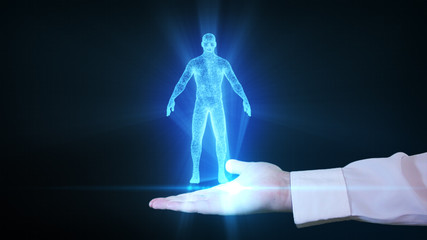 Businessman is holding a human hologram in his hand - obrazy, fototapety, plakaty