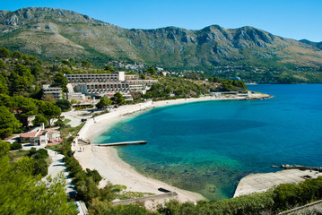 Abandoned dirty demolished building, one of hotels in Kupari complex near Dubrovnik city