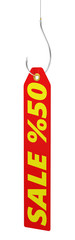 3d illustration of red sale tag on hook.