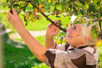 Smiling senior woman near tree. Happy lady outdoors.