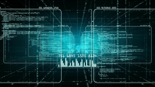 Computer program code in virtual space. The camera moves through virtual data. Available in multiple color options. Green version. Seamless loop. 4K