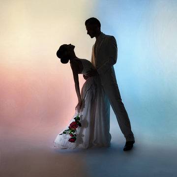 Wedding couple silhouette groom and bride on colors background