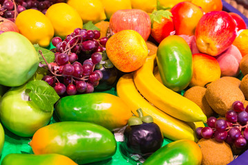 Fototapeta na wymiar Colorful fruits copy and vegetables background.