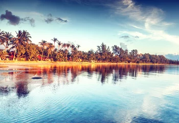 Crédence de cuisine en plexiglas Photo du jour Beau coucher de soleil lumineux sur une plage paradisiaque tropicale