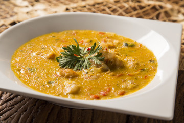 shrimp bobo - a Brazilian dish of shrimp in a pure of manioc meal and coconut milk. Bobo de camarao.