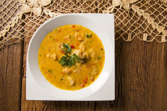 shrimp bobo - a Brazilian dish of shrimp in a pure of manioc meal and coconut milk. Bobo de camarao.