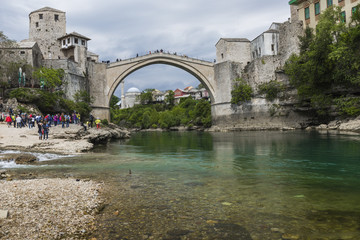 Panorama of The Old Bridge in Mostar in a beautiful summer day, Bosnia and Herzegovina