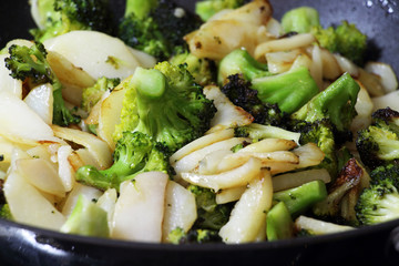 Green Broccoli with potatoes in a frying pan