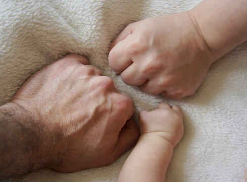 Family Hands and Baby New Born Arm, Mother Father Children Body, Embrace Newborn Kid Hand. and fists