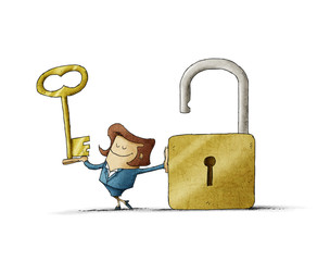Businesswoman with a key  in a hand and an opend padlock. It is a metaphor to find a solution or a security metaphor. - 147604408