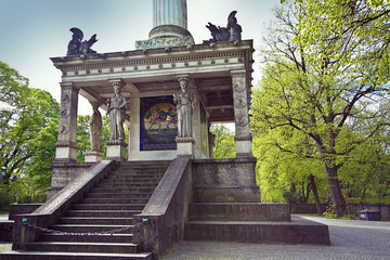 Munich, Germany - Angel of Peace monument, plinth detail with caryatids and mosaics