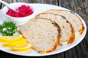 stuffed carp cut in slices, close-up